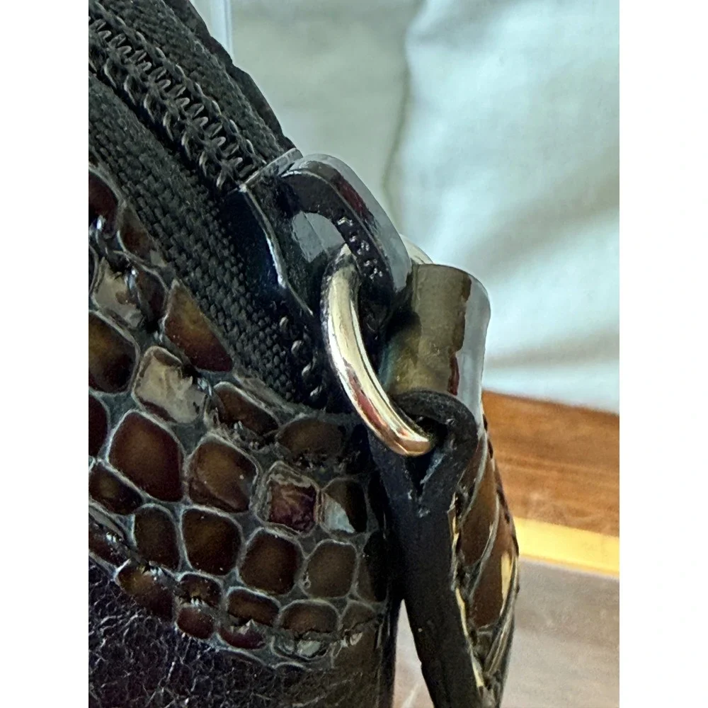 Brighton Black Leather Croc Trim Heart Cosmetic Pouch Leopard Lining